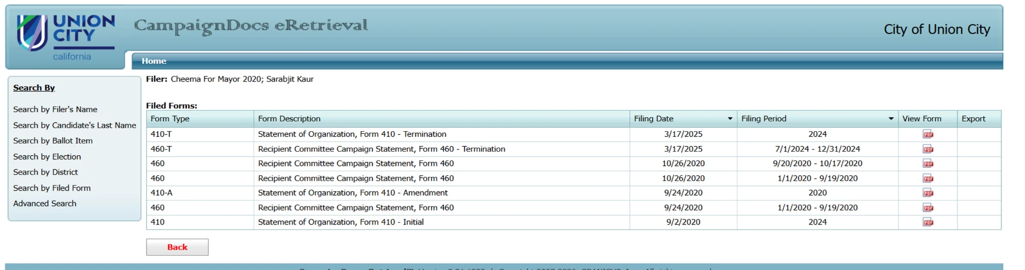 Screenshot of the City of Union City CampaignDocs eRetrieval filed forms list for Cheema For Mayor 2020; Sarabjit Kaur. The last Form 460 campaign statements were filed 10/26/2020. Form 460-T and Form 410-T termination forms are dated 3/17/2025.